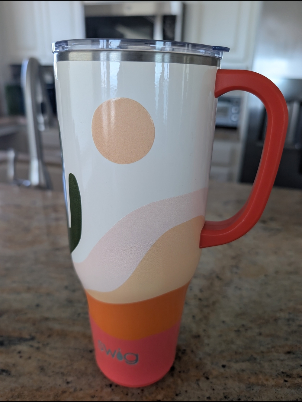 Insulated Travel Mug with Coral Handle and Sunset Motif